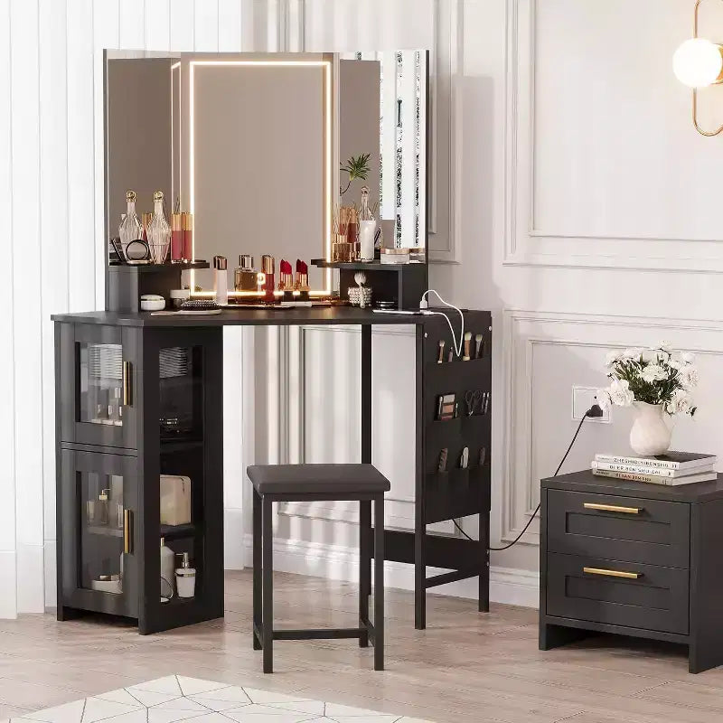 Coiffeuse d'angle et tabouret, Coiffeuse d'angle avec miroir ampoules, station de charge et armoire pour chambre à coucher