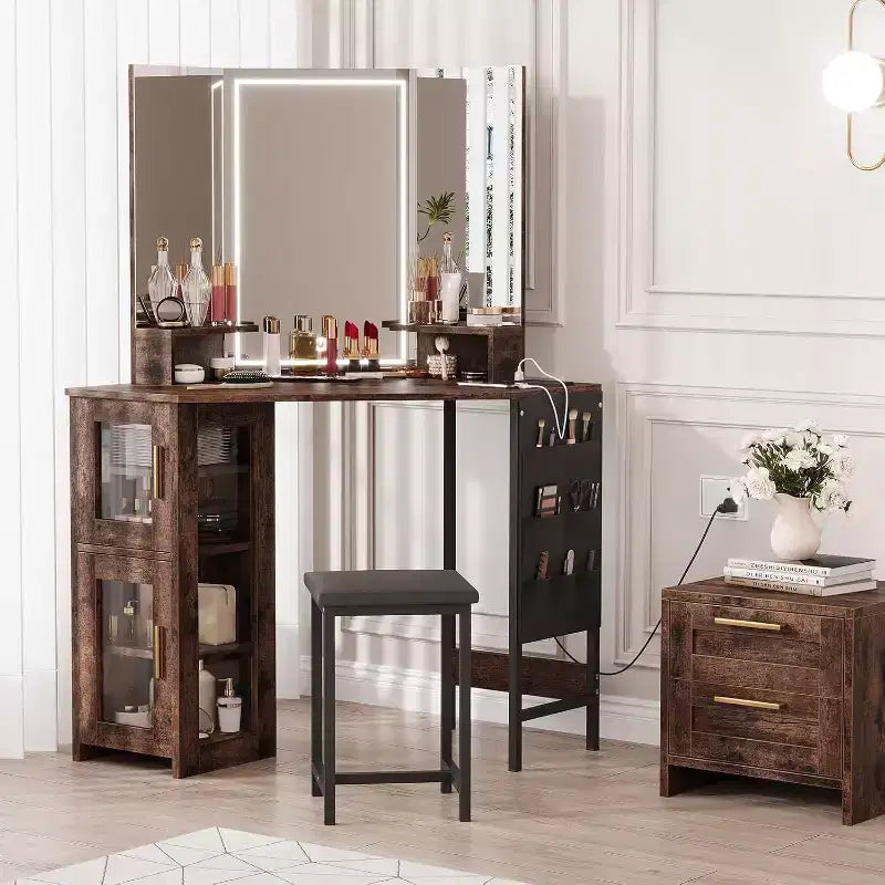Coiffeuse d'angle et tabouret, Coiffeuse d'angle avec miroir ampoules, station de charge et armoire pour chambre à coucher