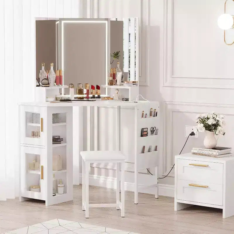 Coiffeuse d'angle et tabouret, Coiffeuse d'angle avec miroir ampoules, station de charge et armoire pour chambre à coucher
