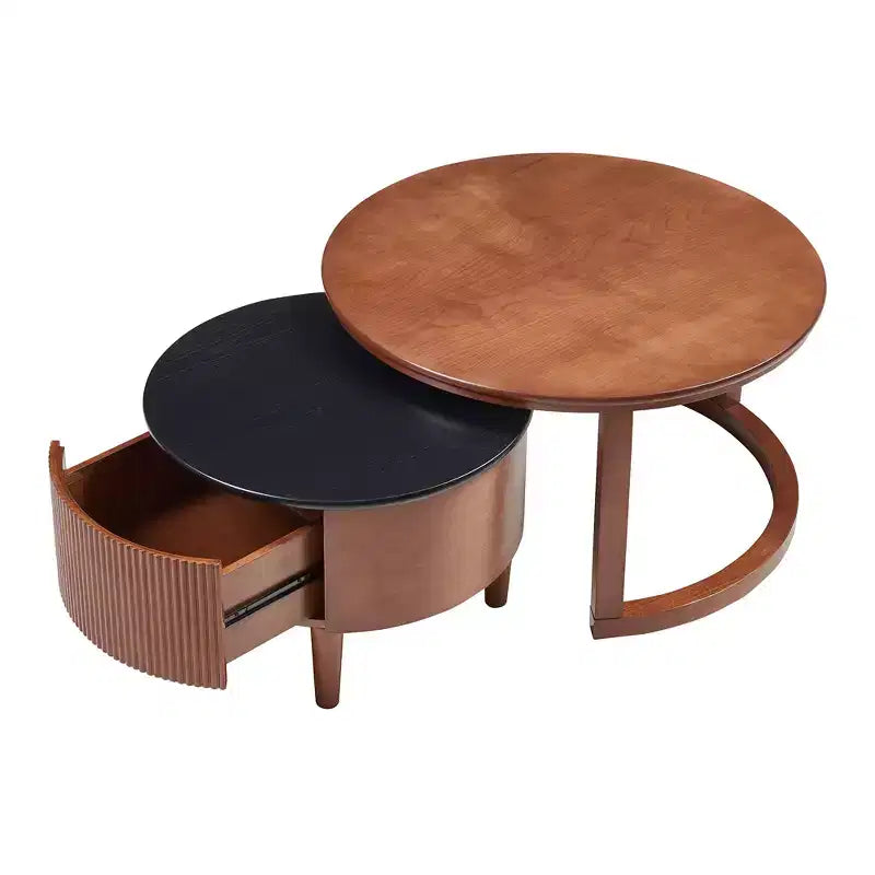 Table gigogne basse ronde style cocktail table basse de canapé table d'appoint vintage avec tiroir, noir et noyer