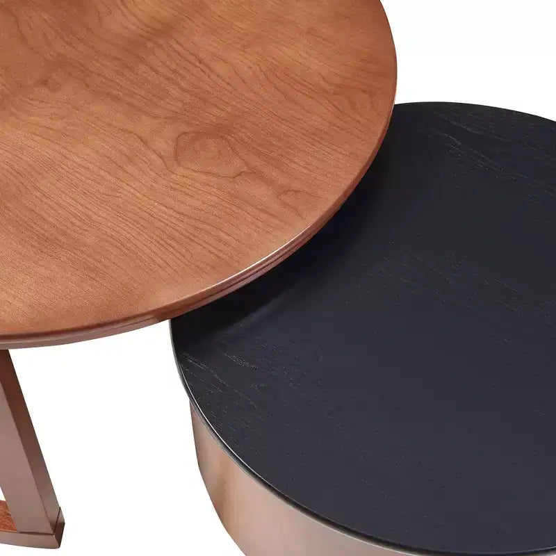 Table gigogne basse ronde style cocktail table basse de canapé table d'appoint vintage avec tiroir, noir et noyer