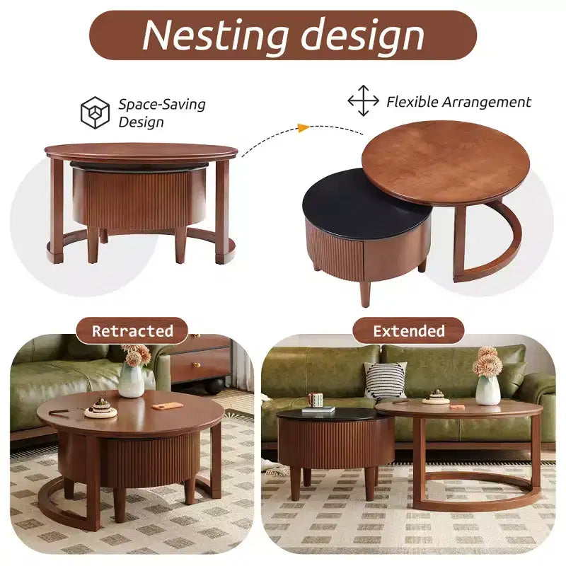 Table gigogne basse ronde style cocktail table basse de canapé table d'appoint vintage avec tiroir, noir et noyer