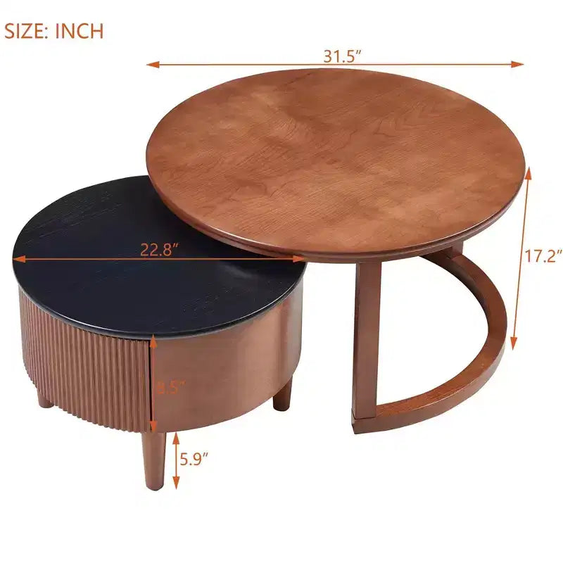Table gigogne basse ronde style cocktail table basse de canapé table d'appoint vintage avec tiroir, noir et noyer