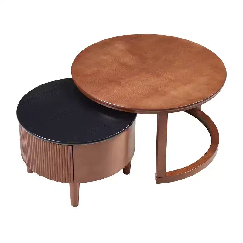 Table gigogne basse ronde style cocktail table basse de canapé table d'appoint vintage avec tiroir, noir et noyer