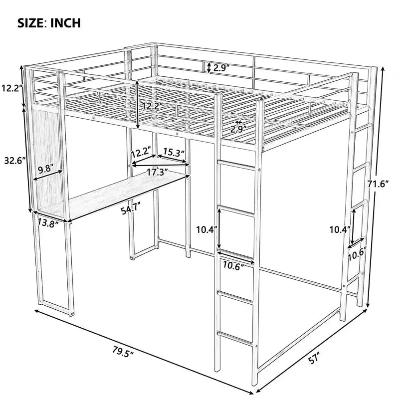 Lit mezzanine pleine grandeur avec bureau et étagères de rangement Lit mezzanine en métal pour enfants, adolescents, argent