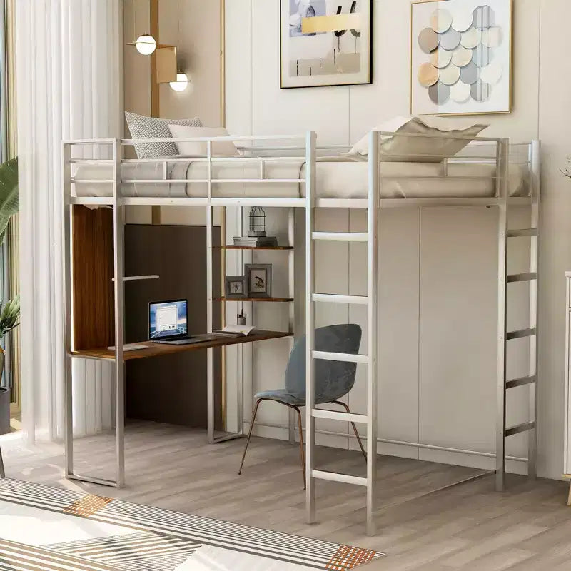 Lit mezzanine pleine grandeur avec bureau et étagères de rangement Lit mezzanine en métal pour enfants, adolescents, argent