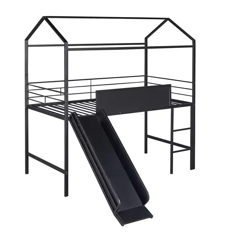 Lit mezzanine double avec toboggan Lit cabane en métal avec toit, Lit mezzanine bas avec tableau en bois inscriptible pour enfants et adolescents