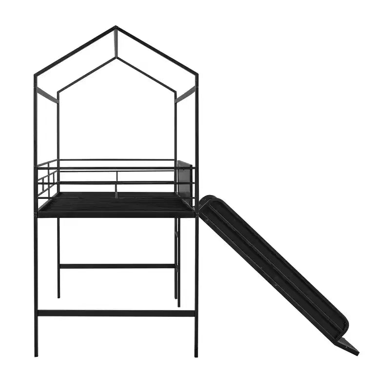Lit mezzanine double avec toboggan Lit cabane en métal avec toit, Lit mezzanine bas avec tableau en bois inscriptible pour enfants et adolescents