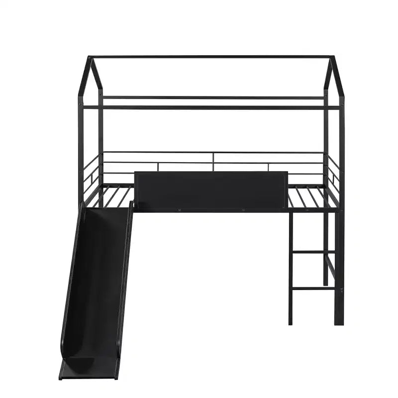 Lit mezzanine double avec toboggan Lit cabane en métal avec toit, Lit mezzanine bas avec tableau en bois inscriptible pour enfants et adolescents