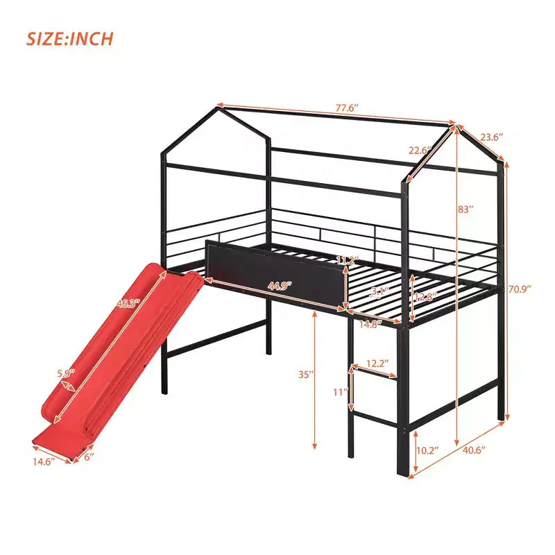 Lit mezzanine double avec toboggan Lit cabane en métal avec toit, Lit mezzanine bas avec tableau en bois inscriptible pour enfants et adolescents