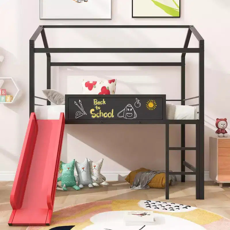 Lit mezzanine double avec toboggan Lit cabane en métal avec toit, Lit mezzanine bas avec tableau en bois inscriptible pour enfants et adolescents