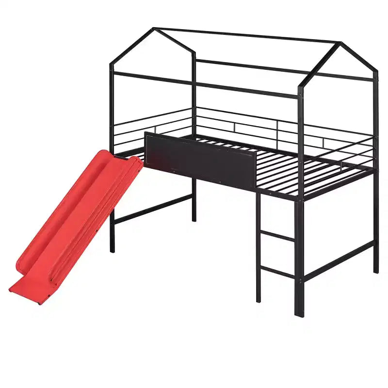 Lit mezzanine double avec toboggan Lit cabane en métal avec toit, Lit mezzanine bas avec tableau en bois inscriptible pour enfants et adolescents