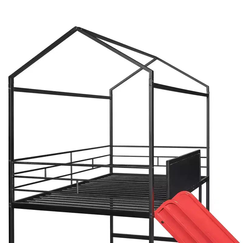 Lit mezzanine double avec toboggan Lit cabane en métal avec toit, Lit mezzanine bas avec tableau en bois inscriptible pour enfants et adolescents