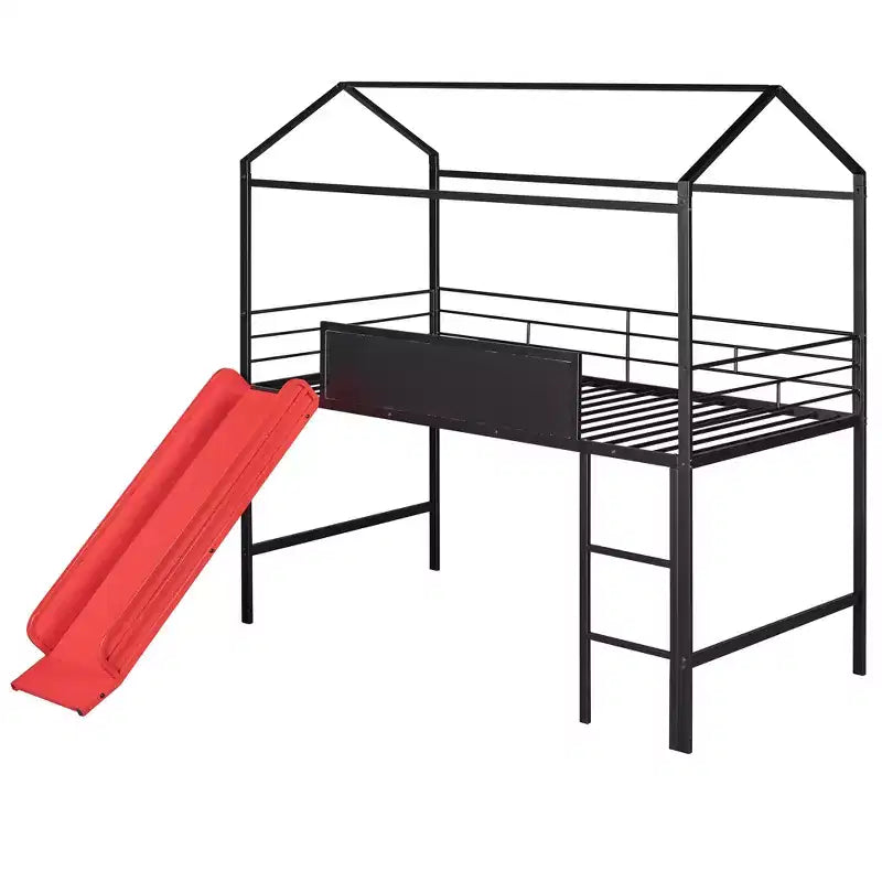 Lit mezzanine double avec toboggan Lit cabane en métal avec toit, Lit mezzanine bas avec tableau en bois inscriptible pour enfants et adolescents