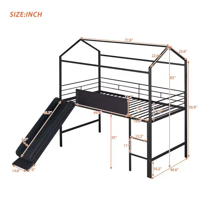 Lit mezzanine double avec toboggan Lit cabane en métal avec toit, Lit mezzanine bas avec tableau en bois inscriptible pour enfants et adolescents