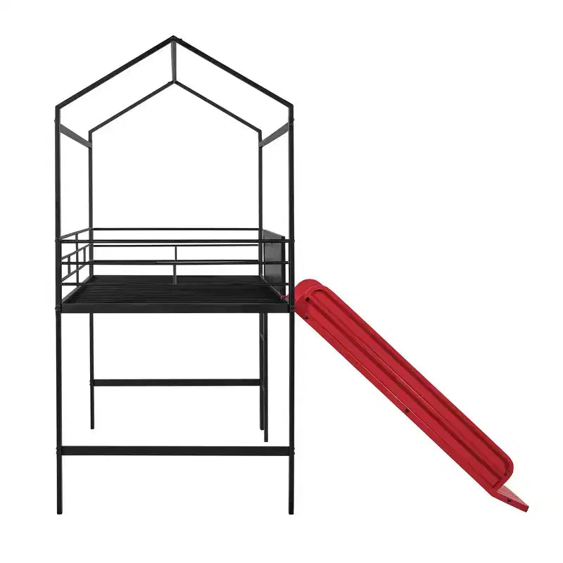 Lit mezzanine double avec toboggan Lit cabane en métal avec toit, Lit mezzanine bas avec tableau en bois inscriptible pour enfants et adolescents