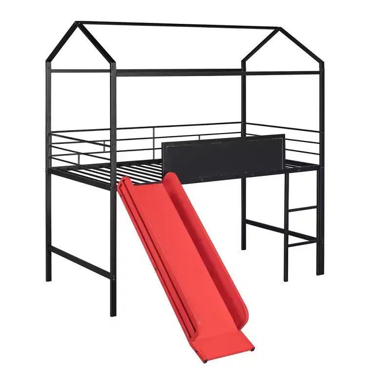 Lit mezzanine double avec toboggan Lit cabane en métal avec toit, Lit mezzanine bas avec tableau en bois inscriptible pour enfants et adolescents