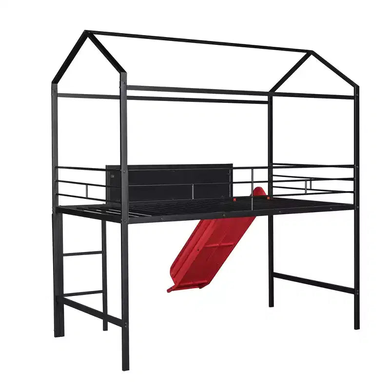Lit mezzanine double avec toboggan Lit cabane en métal avec toit, Lit mezzanine bas avec tableau en bois inscriptible pour enfants et adolescents