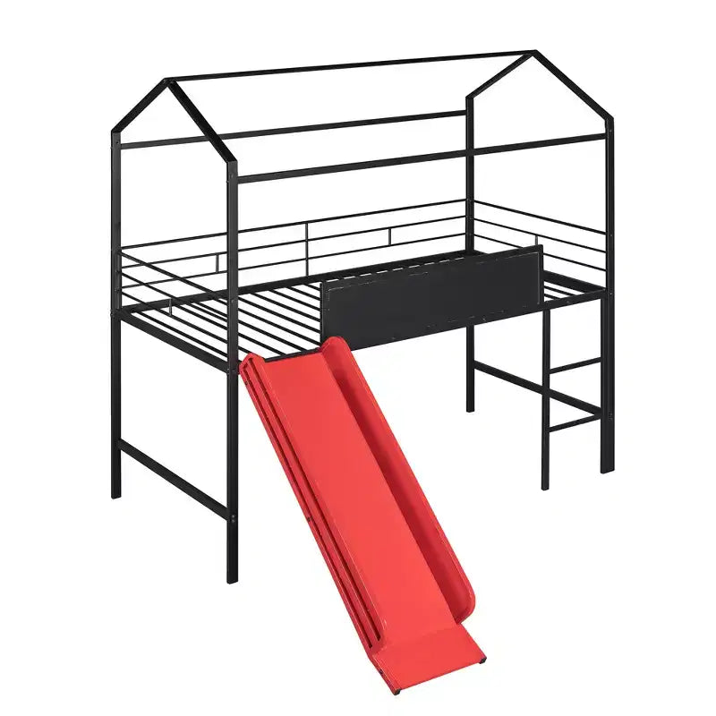 Lit mezzanine double avec toboggan Lit cabane en métal avec toit, Lit mezzanine bas avec tableau en bois inscriptible pour enfants et adolescents