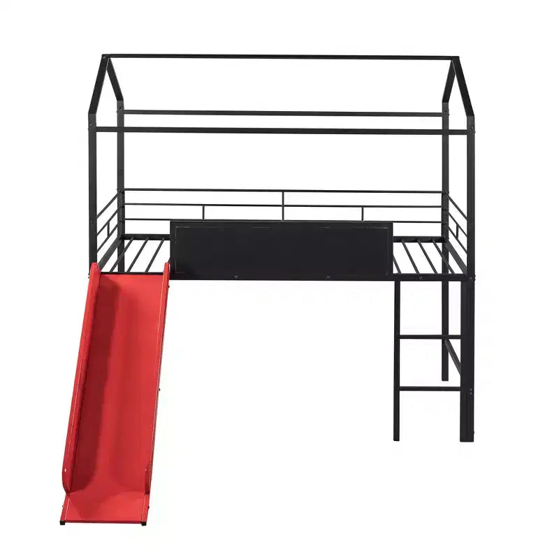 Lit mezzanine double avec toboggan Lit cabane en métal avec toit, Lit mezzanine bas avec tableau en bois inscriptible pour enfants et adolescents