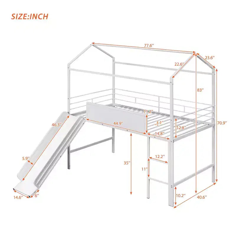 Lit mezzanine double avec toboggan Lit cabane en métal avec toit, Lit mezzanine bas avec tableau en bois inscriptible pour enfants et adolescents