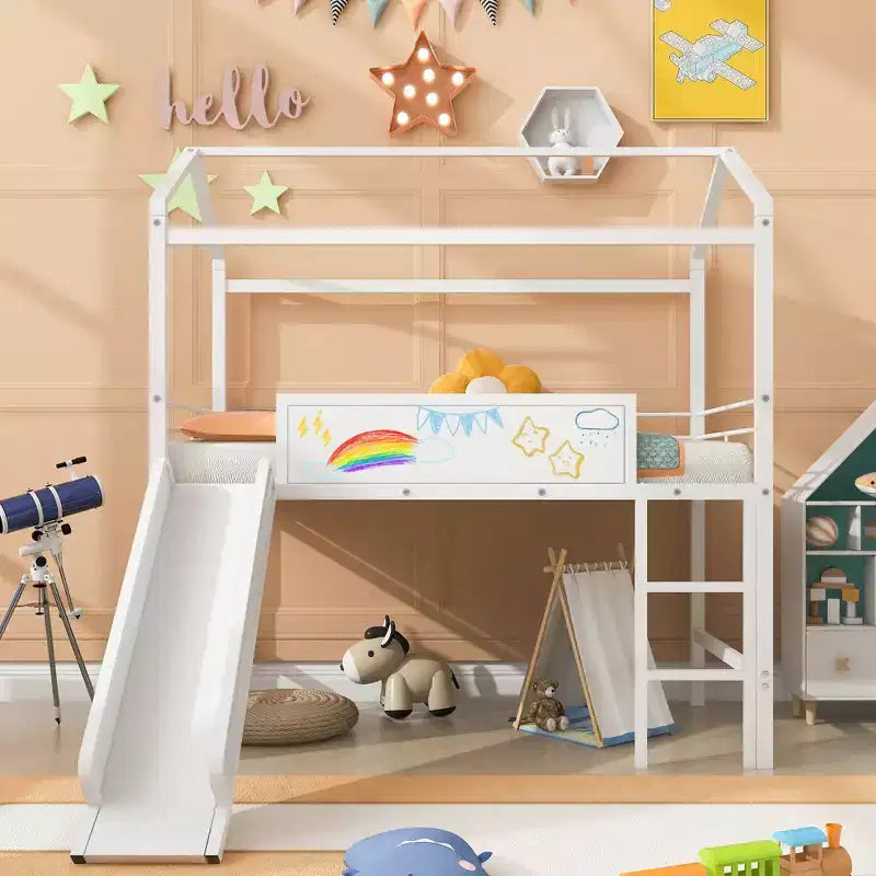 Lit mezzanine double avec toboggan Lit cabane en métal avec toit, Lit mezzanine bas avec tableau en bois inscriptible pour enfants et adolescents