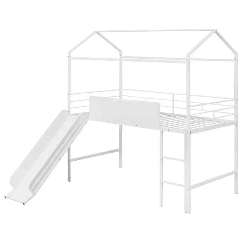 Lit mezzanine double avec toboggan Lit cabane en métal avec toit, Lit mezzanine bas avec tableau en bois inscriptible pour enfants et adolescents