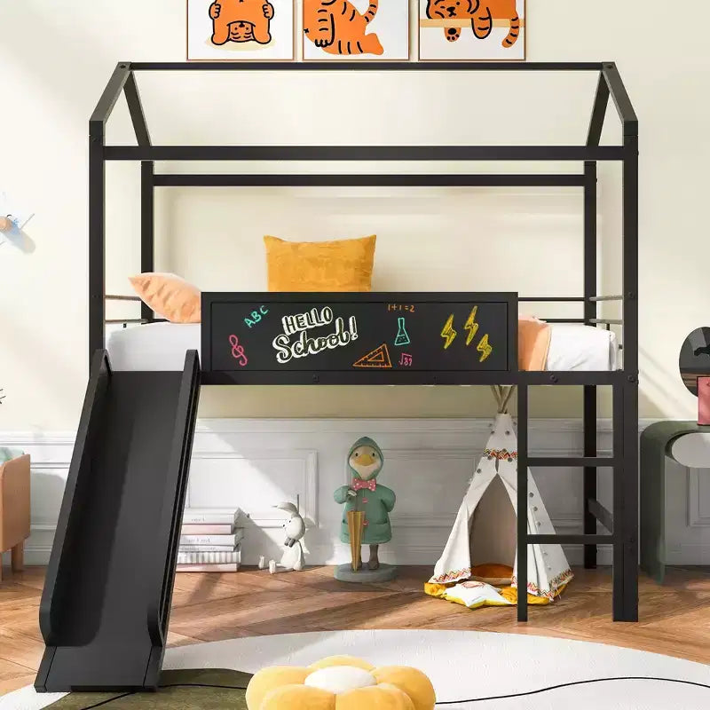 Lit mezzanine double avec toboggan Lit cabane en métal avec toit, Lit mezzanine bas avec tableau en bois inscriptible pour enfants et adolescents