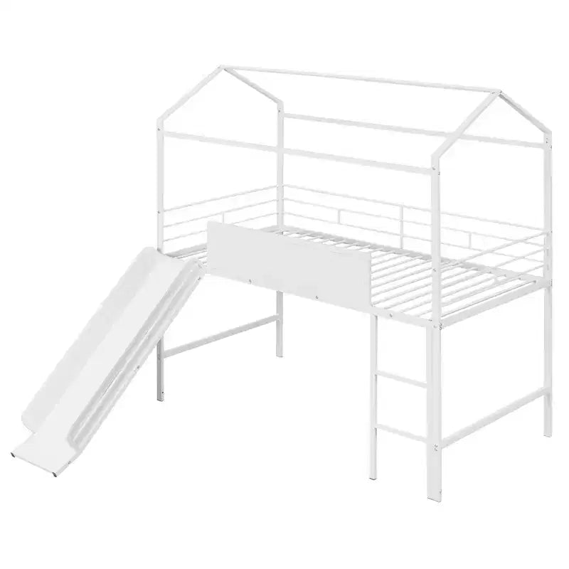 Lit mezzanine double avec toboggan Lit cabane en métal avec toit, Lit mezzanine bas avec tableau en bois inscriptible pour enfants et adolescents