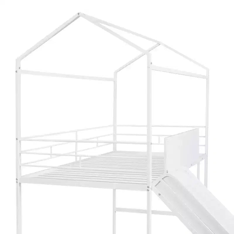 Lit mezzanine double avec toboggan Lit cabane en métal avec toit, Lit mezzanine bas avec tableau en bois inscriptible pour enfants et adolescents