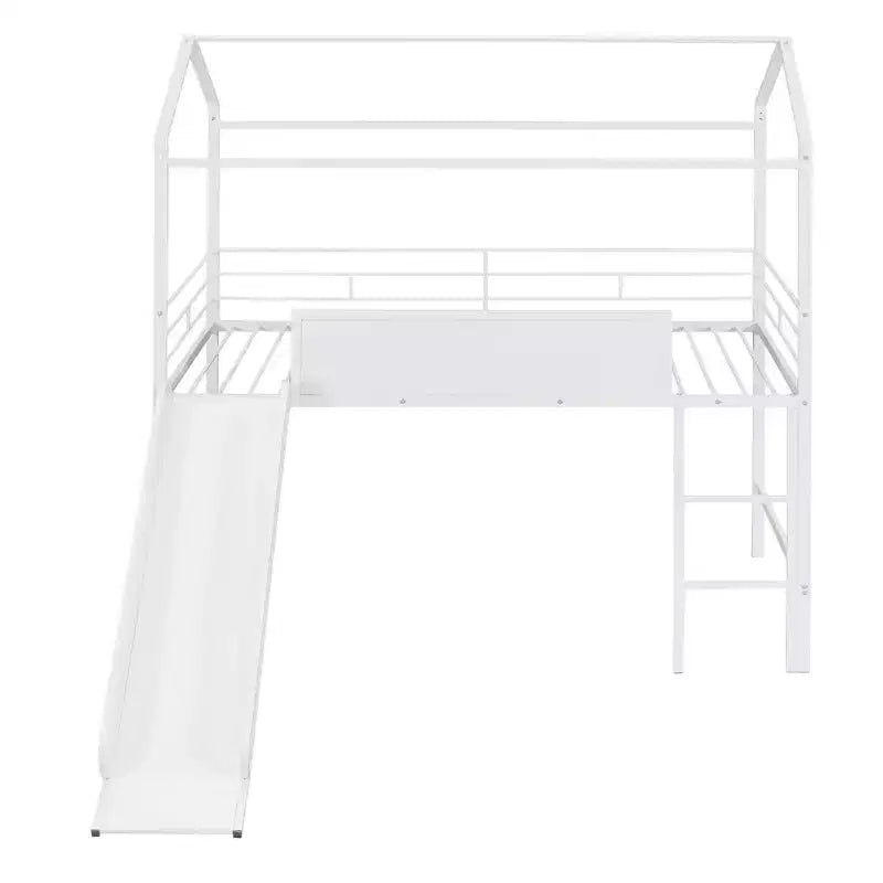 Lit mezzanine double avec toboggan Lit cabane en métal avec toit, Lit mezzanine bas avec tableau en bois inscriptible pour enfants et adolescents