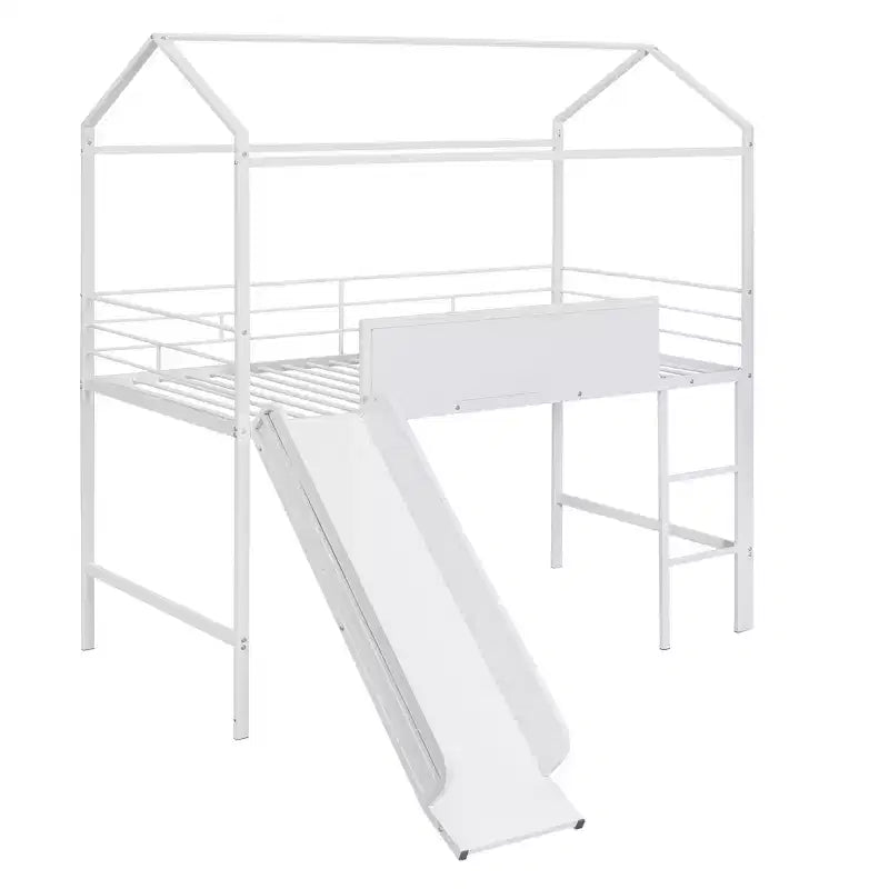 Lit mezzanine double avec toboggan Lit cabane en métal avec toit, Lit mezzanine bas avec tableau en bois inscriptible pour enfants et adolescents