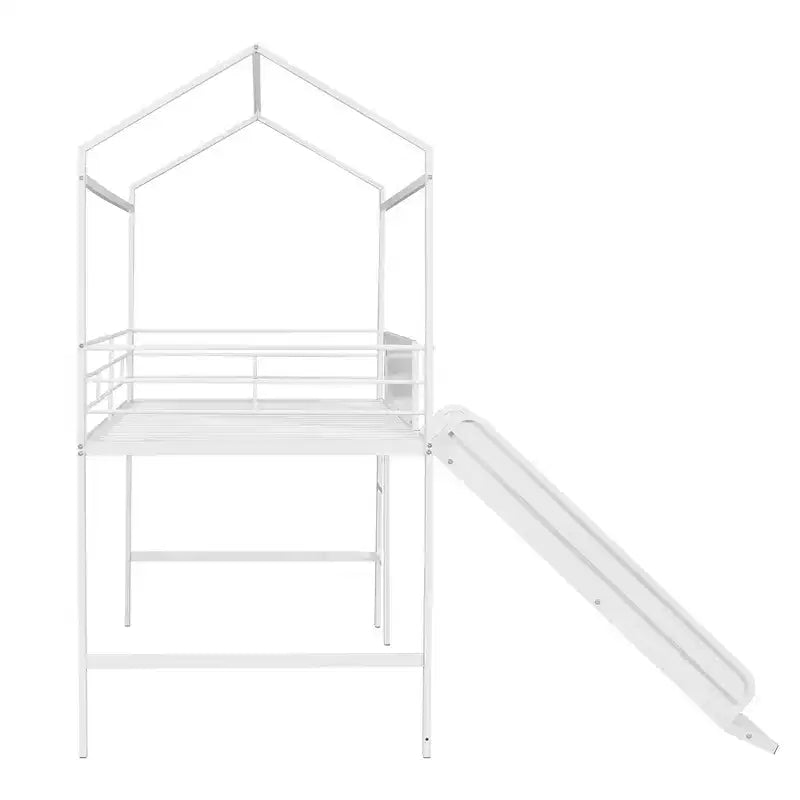 Lit mezzanine double avec toboggan Lit cabane en métal avec toit, Lit mezzanine bas avec tableau en bois inscriptible pour enfants et adolescents