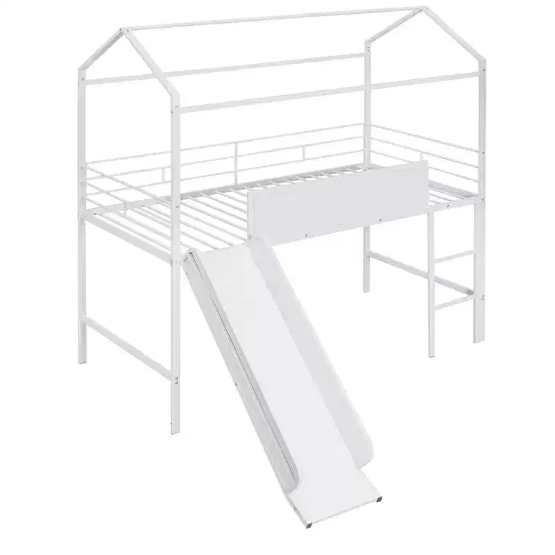 Lit mezzanine double avec toboggan Lit cabane en métal avec toit, Lit mezzanine bas avec tableau en bois inscriptible pour enfants et adolescents