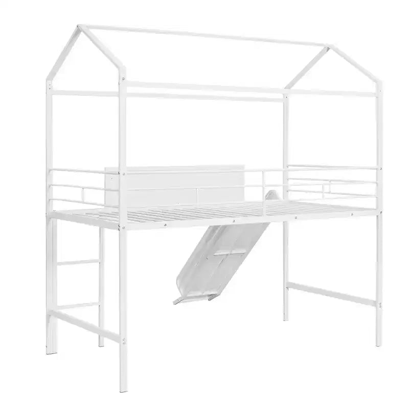 Lit mezzanine double avec toboggan Lit cabane en métal avec toit, Lit mezzanine bas avec tableau en bois inscriptible pour enfants et adolescents