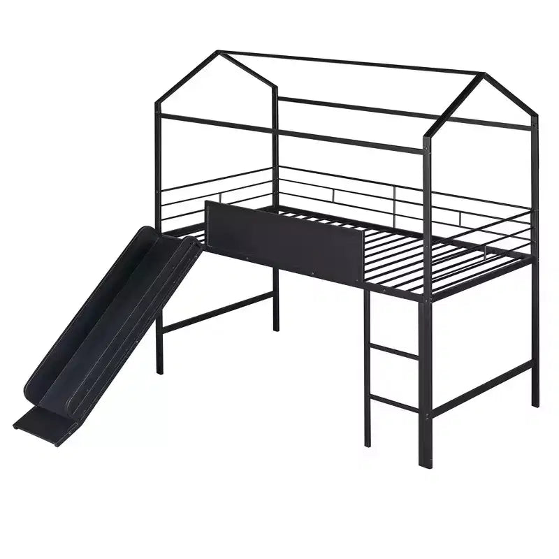 Lit mezzanine double avec toboggan Lit cabane en métal avec toit, Lit mezzanine bas avec tableau en bois inscriptible pour enfants et adolescents