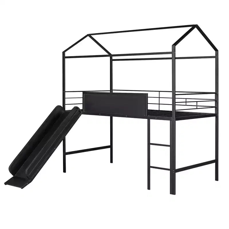 Lit mezzanine double avec toboggan Lit cabane en métal avec toit, Lit mezzanine bas avec tableau en bois inscriptible pour enfants et adolescents