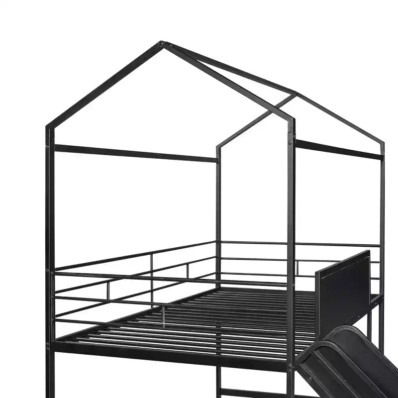 Lit mezzanine double avec toboggan Lit cabane en métal avec toit, Lit mezzanine bas avec tableau en bois inscriptible pour enfants et adolescents