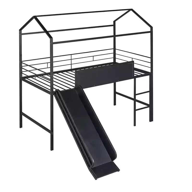 Lit mezzanine double avec toboggan Lit cabane en métal avec toit, Lit mezzanine bas avec tableau en bois inscriptible pour enfants et adolescents