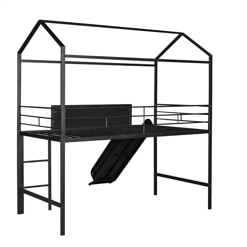 Lit mezzanine double avec toboggan Lit cabane en métal avec toit, Lit mezzanine bas avec tableau en bois inscriptible pour enfants et adolescents