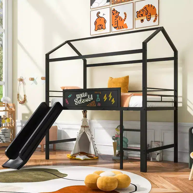 Twin Loft Bed with Slide Metal House Bed with Roof, Low Loft Bed with Writable Wooden Board for Kids Teens