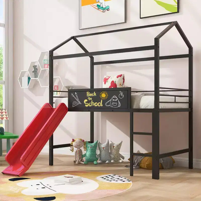 Lit mezzanine double avec toboggan Lit cabane en métal avec toit, Lit mezzanine bas avec tableau en bois inscriptible pour enfants et adolescents