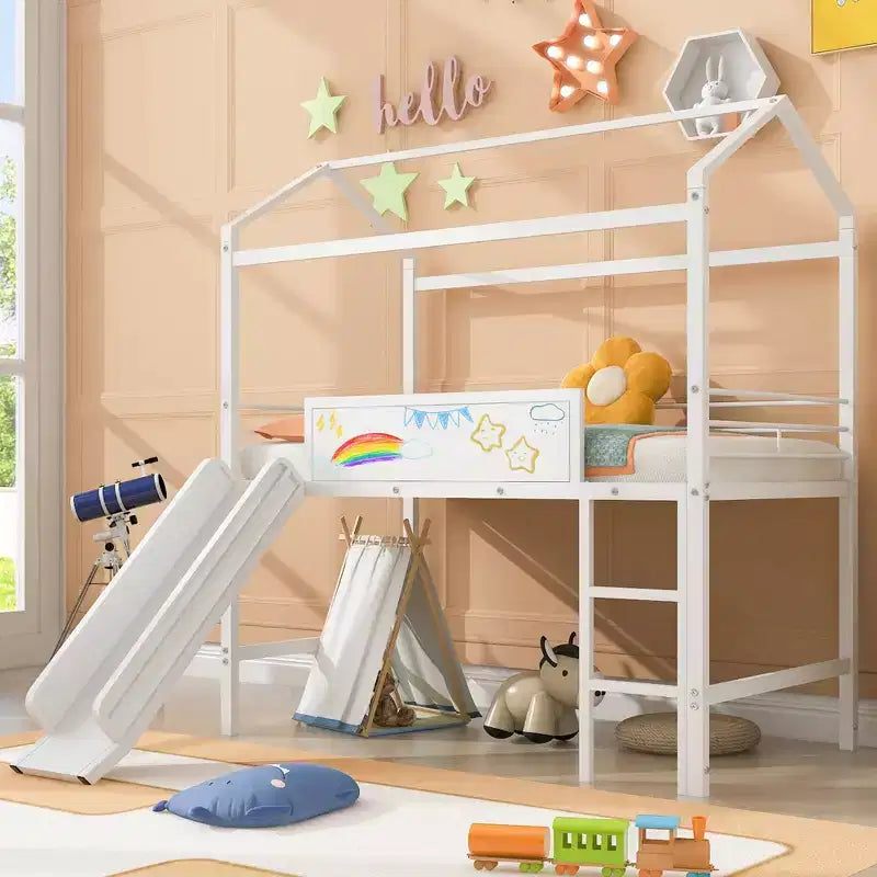 Lit mezzanine double avec toboggan Lit cabane en métal avec toit, Lit mezzanine bas avec tableau en bois inscriptible pour enfants et adolescents
