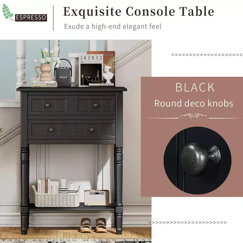 Table d'appoint en bois massif avec tiroirs de rangement et étagère inférieure