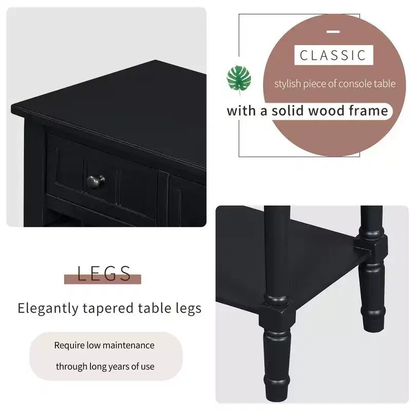 Table d'appoint en bois massif avec tiroirs de rangement et étagère inférieure