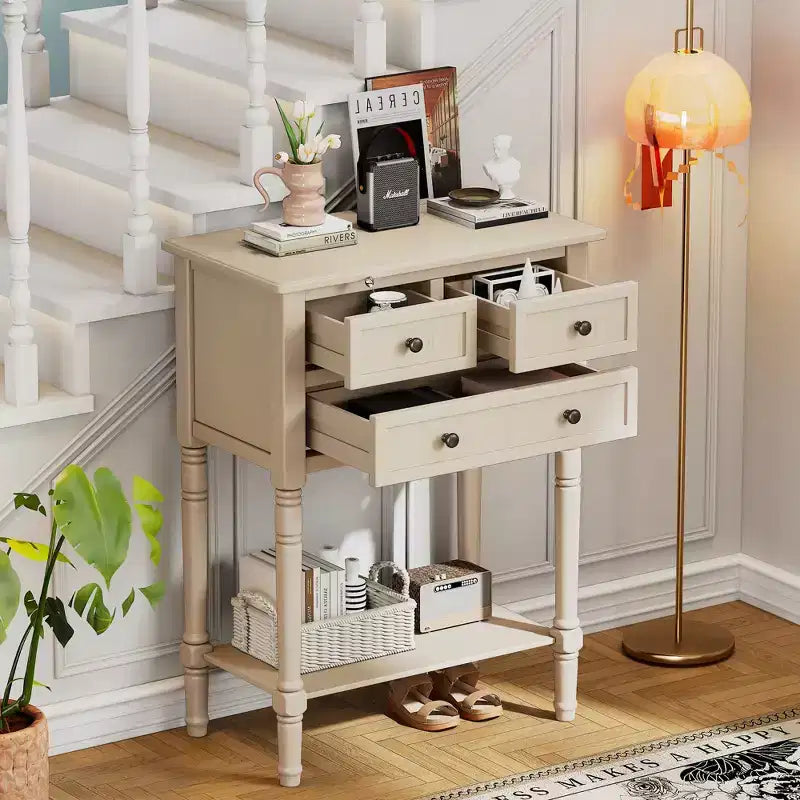 Table d'appoint en bois massif avec tiroirs de rangement et étagère inférieure