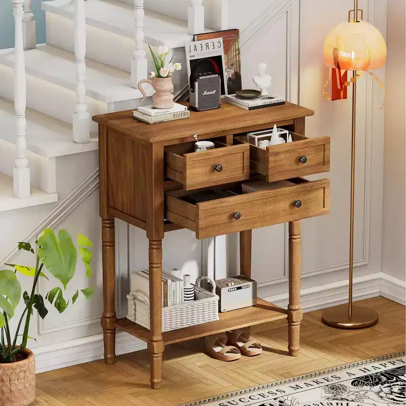 Table d'appoint en bois massif avec tiroirs de rangement et étagère inférieure