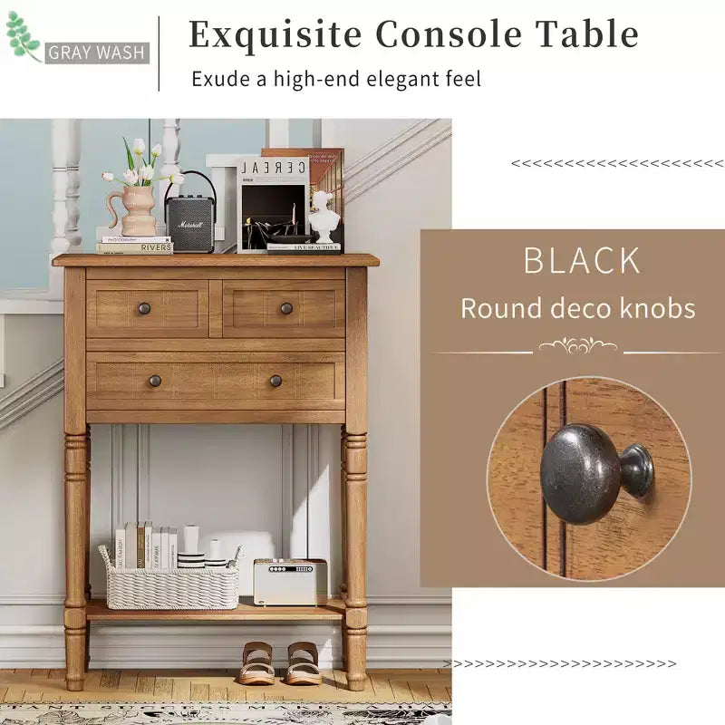 Table d'appoint en bois massif avec tiroirs de rangement et étagère inférieure
