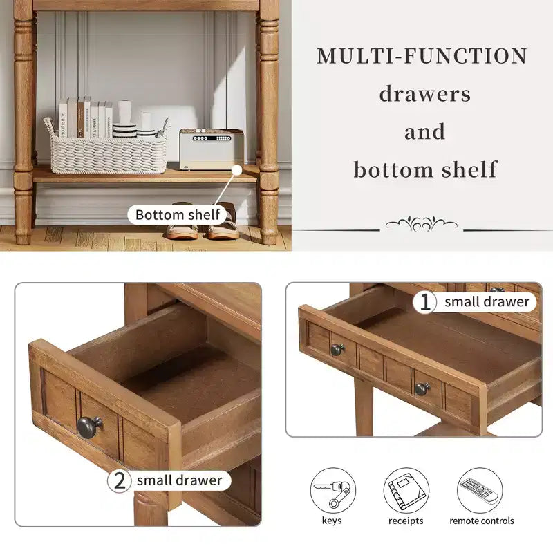 Table d'appoint en bois massif avec tiroirs de rangement et étagère inférieure