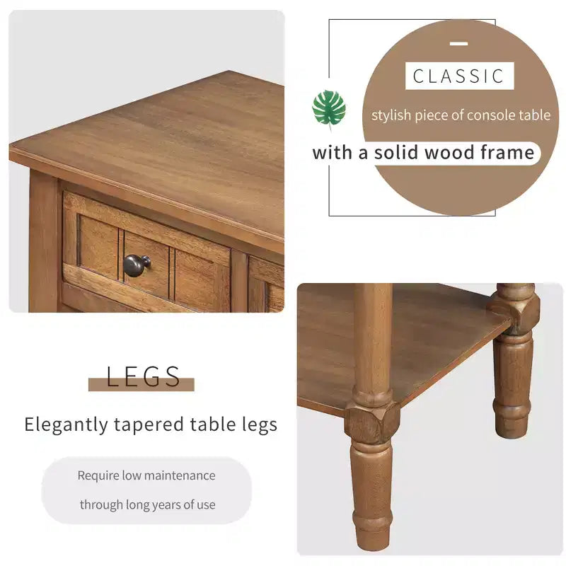 Table d'appoint en bois massif avec tiroirs de rangement et étagère inférieure